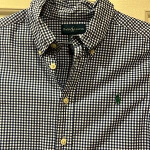 Short sleeved, check shirt, blue and white Ralph Lauren polo boys 14 16